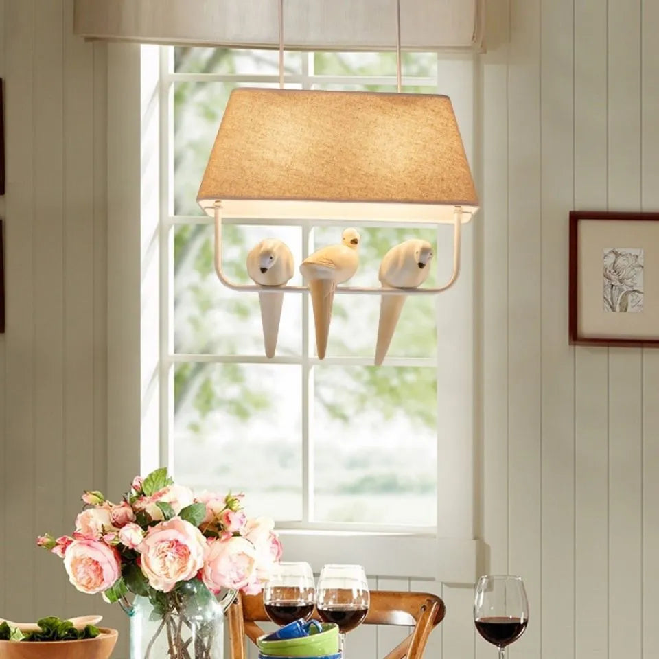 Bird theme chandelier ceiling lamp with fabric shade and iron frame