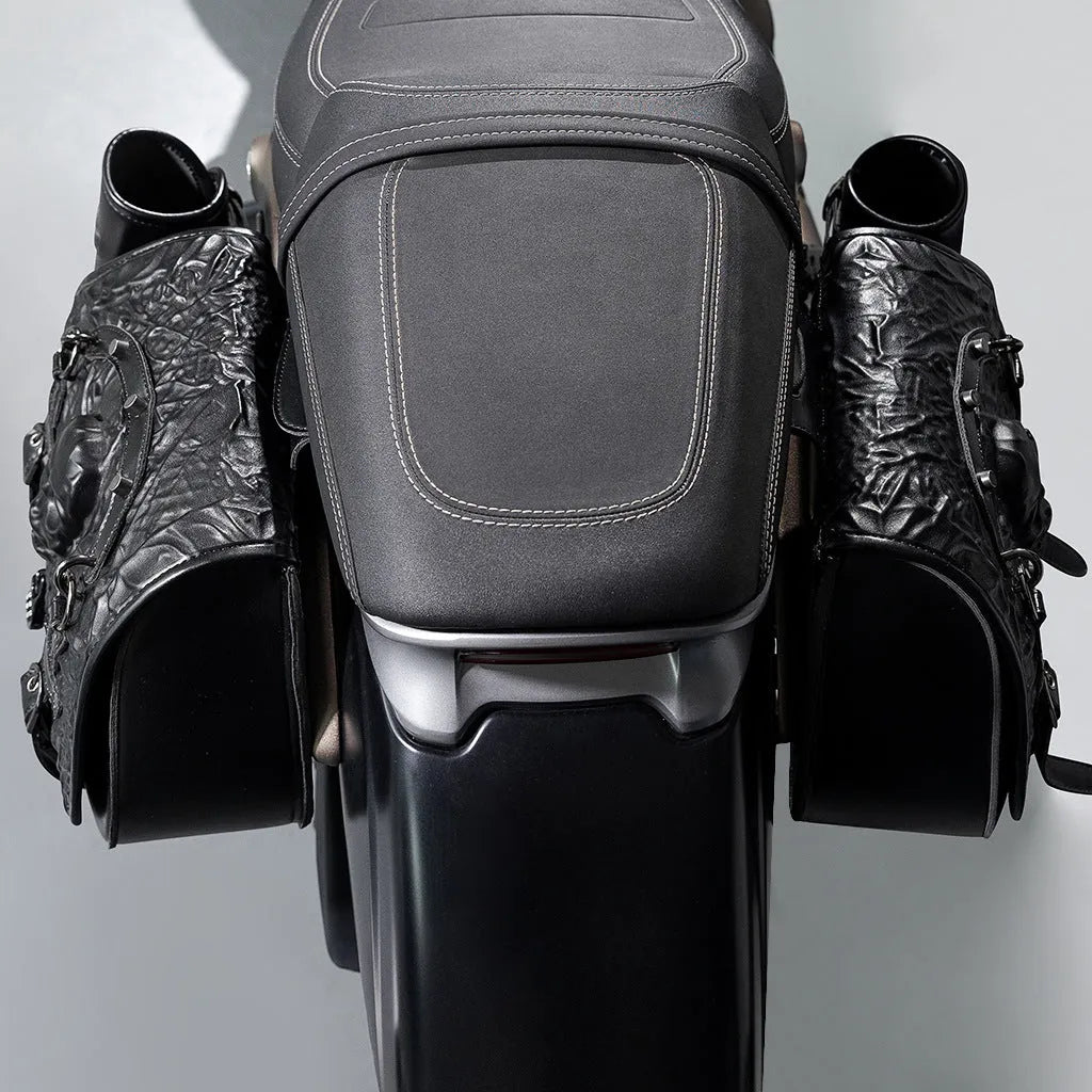 Black PU motorcycle side luggage bags mounted as a pair on a motorcycle