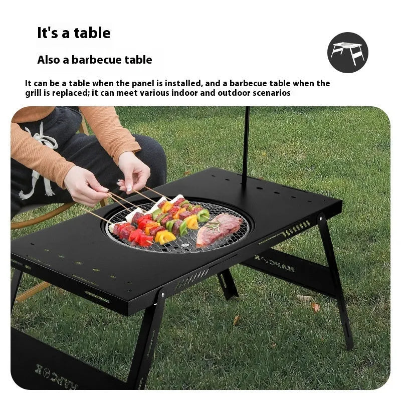 Folding multi-functional travel barbecue table with steel construction for camping