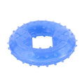 A durable bone-shaped and circle-shaped dog cooling chew toy on a blue background.