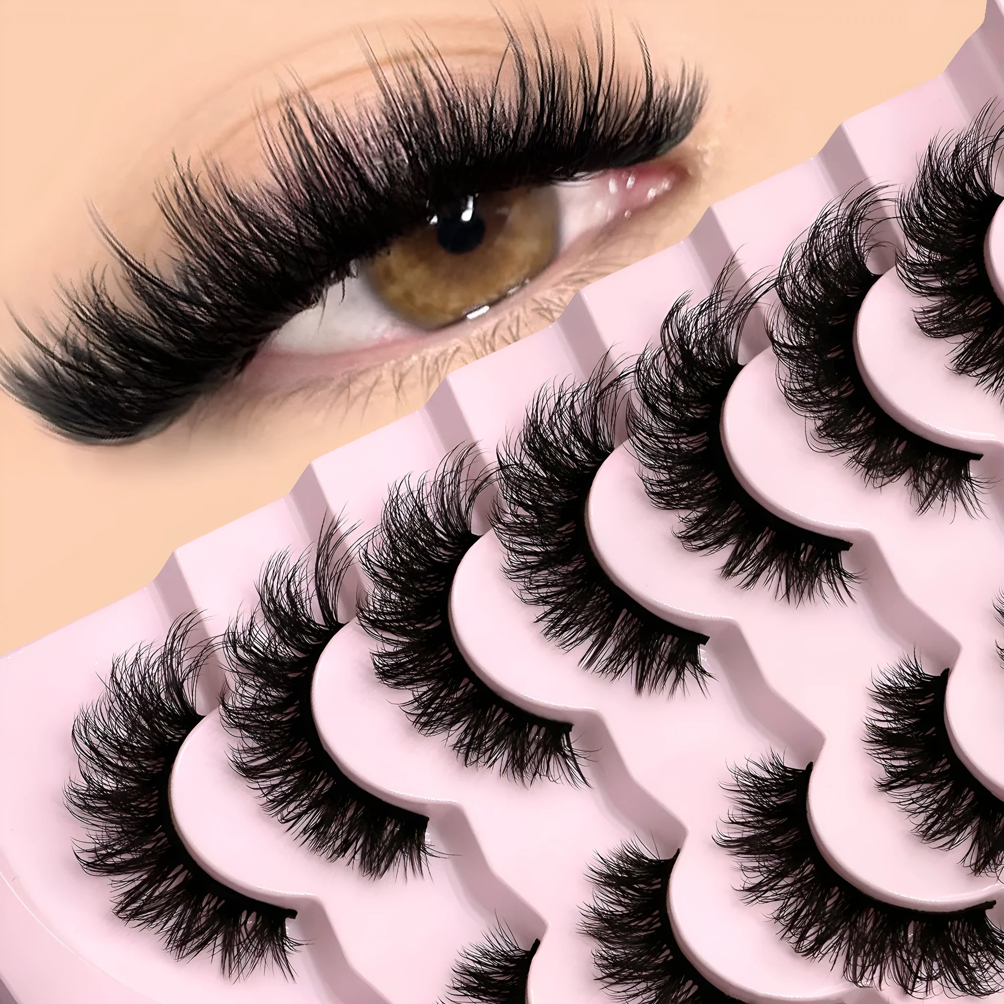 Box of artificial fibre false eyelashes with adhesive glue in thick natural long style