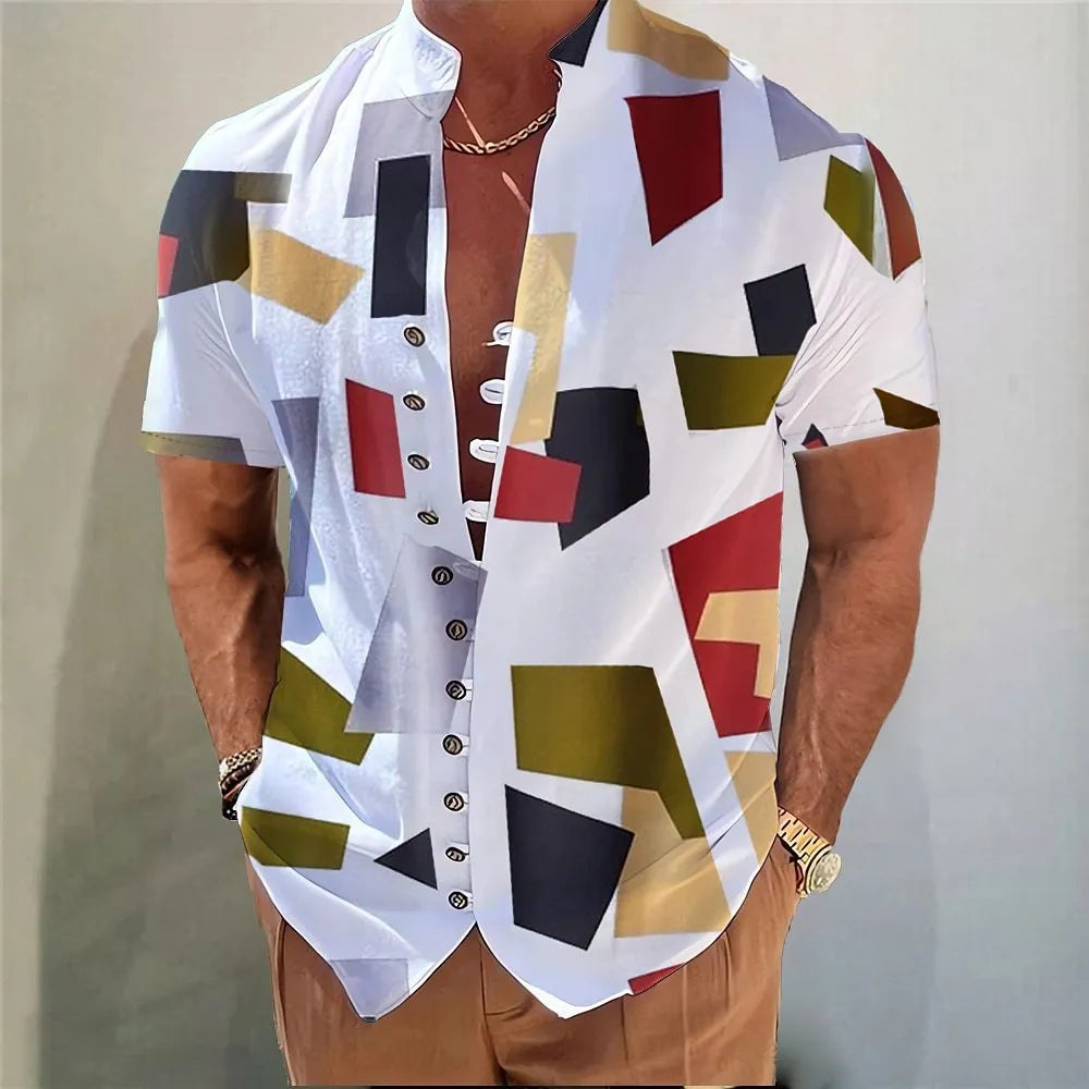 Youth wearing a short sleeve cardigan with a geometric 3D floral print pattern.
