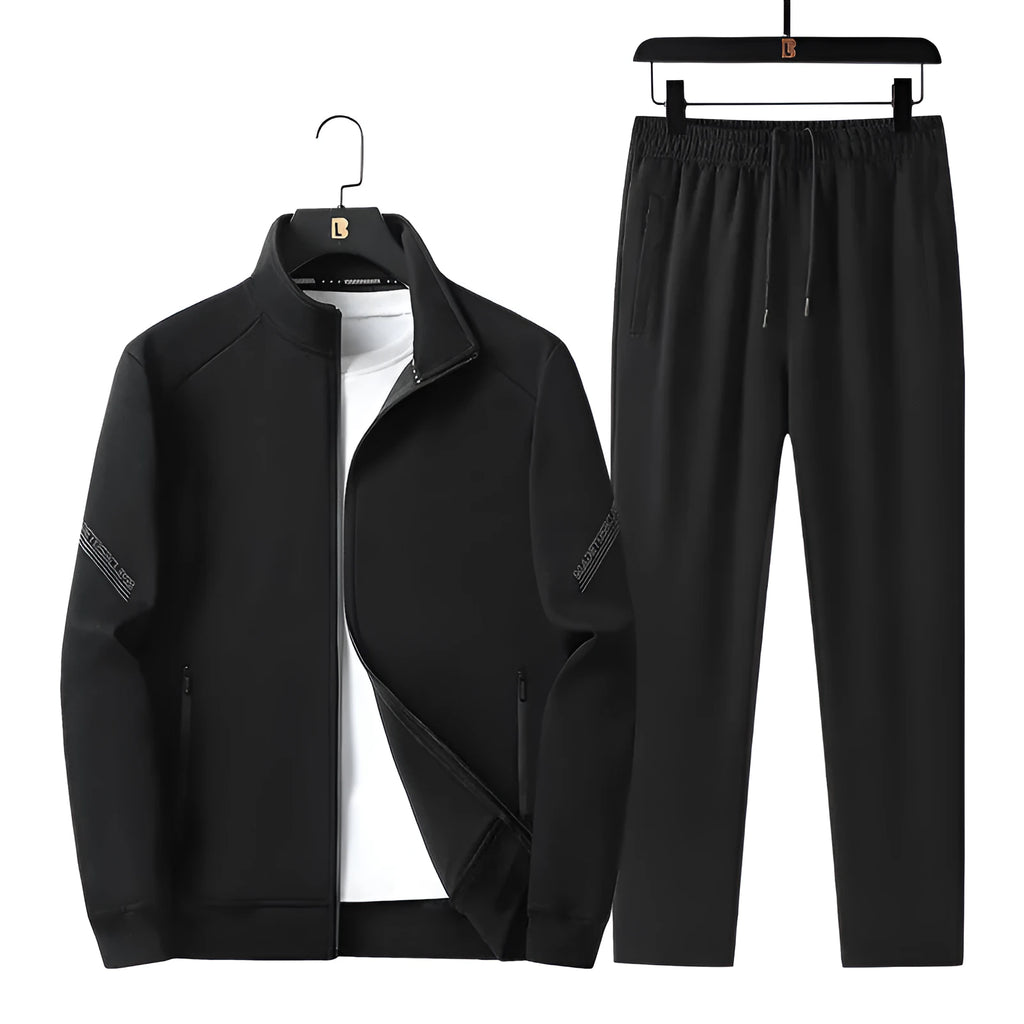 Men's plus-size knitted cotton sports leisure suit with jacket and trousers in black dark blue gray for outdoor spring autumn