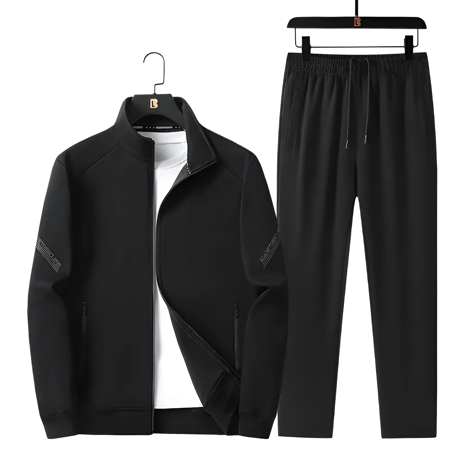 Men's plus-size knitted cotton sports leisure suit with jacket and trousers in black dark blue gray for outdoor spring autumn