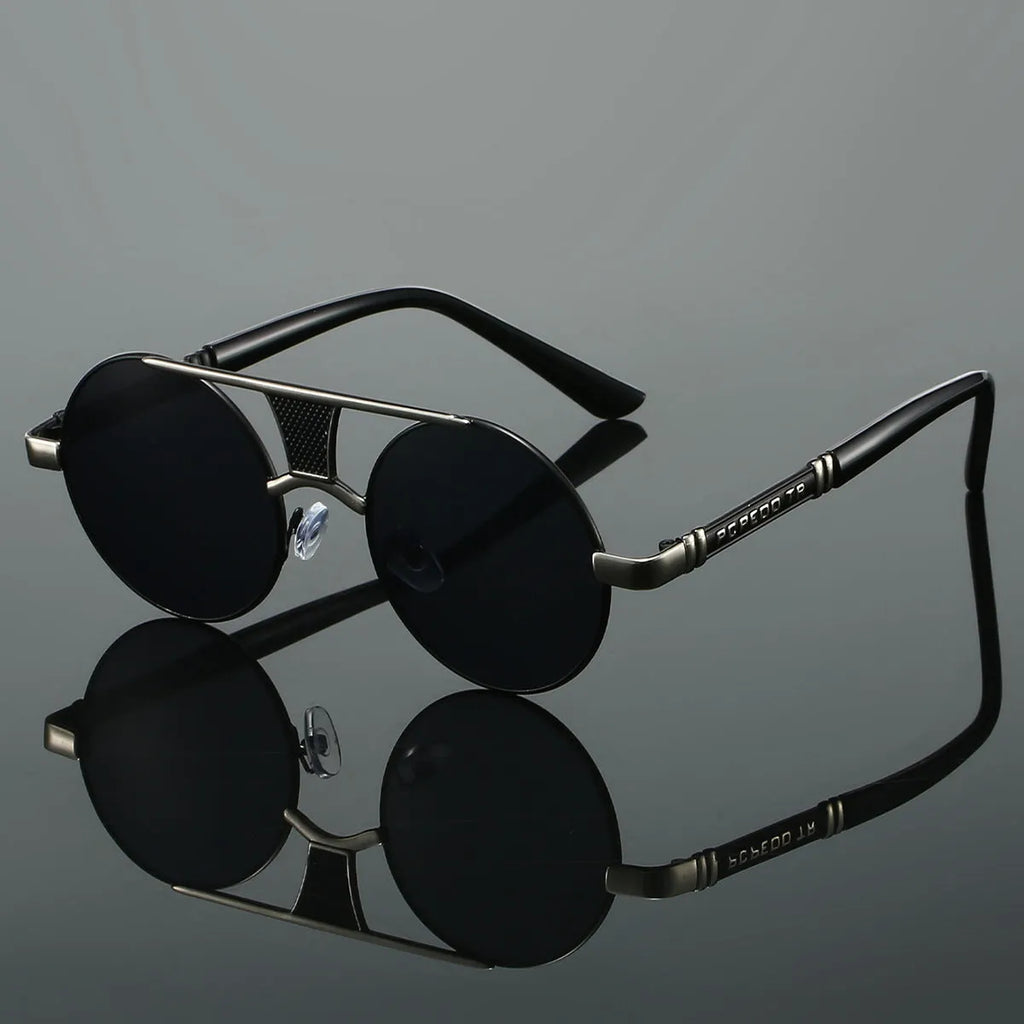 Men's double beam round frame HD sunglasses black frame black lens classic style