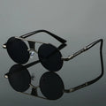 Men's double beam round frame HD sunglasses black frame black lens classic style