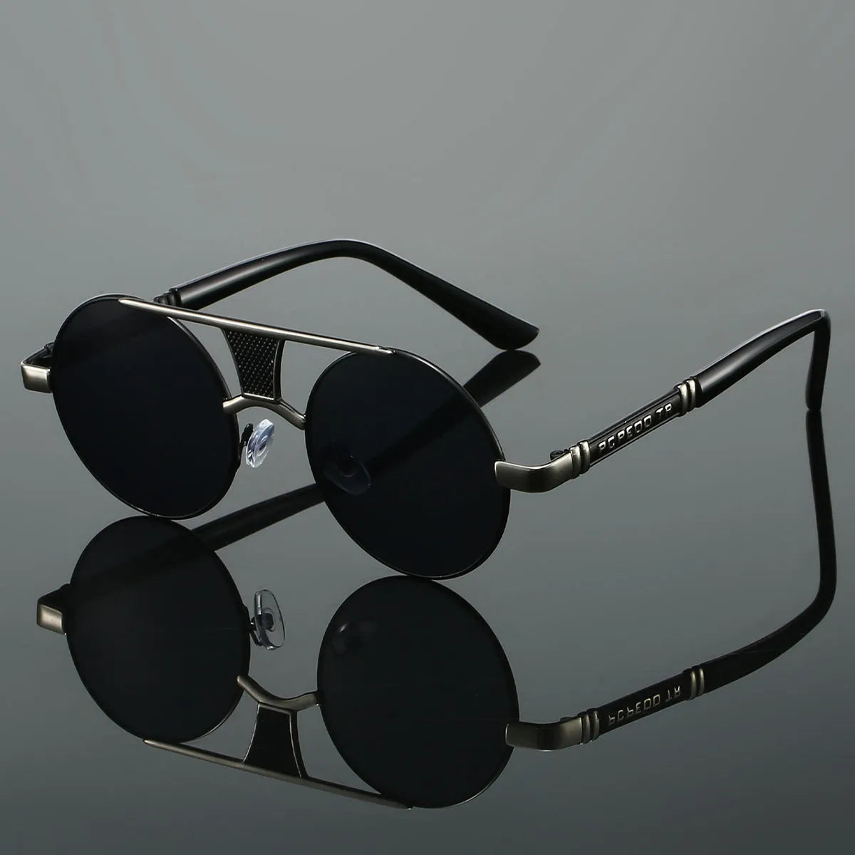 Men's double beam round frame HD sunglasses black frame black lens classic style
