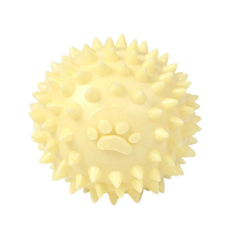 Blue TPR dog chew ball with textured footprint pattern and tooth cleaning nubs