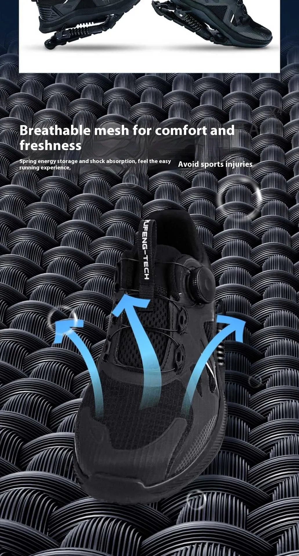 Black Tech running shoes with mesh upper, buckle fastening, and rubber sole on a white background.