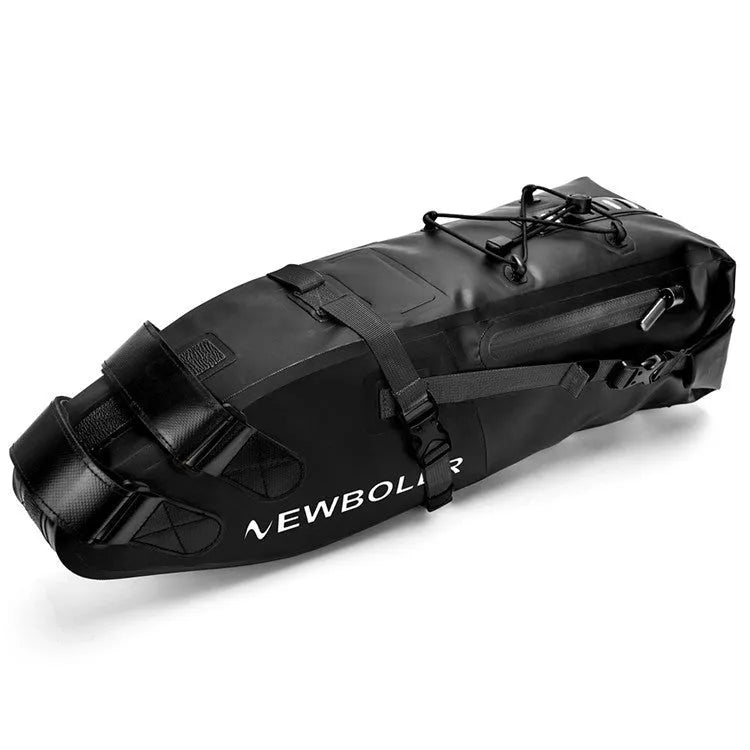Waterproof black PVC bicycle tail bag with 13L capacity mounted on a bike.