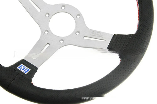 14-inch leather steering wheel with concave centre in black skeleton finish.