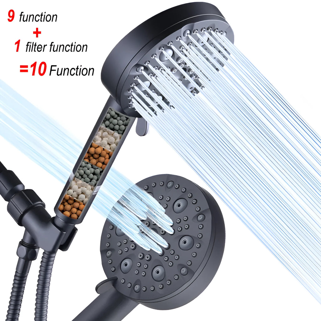 Matte black handheld shower head set with filter, hose, and bracket, 0-100°C, ABS