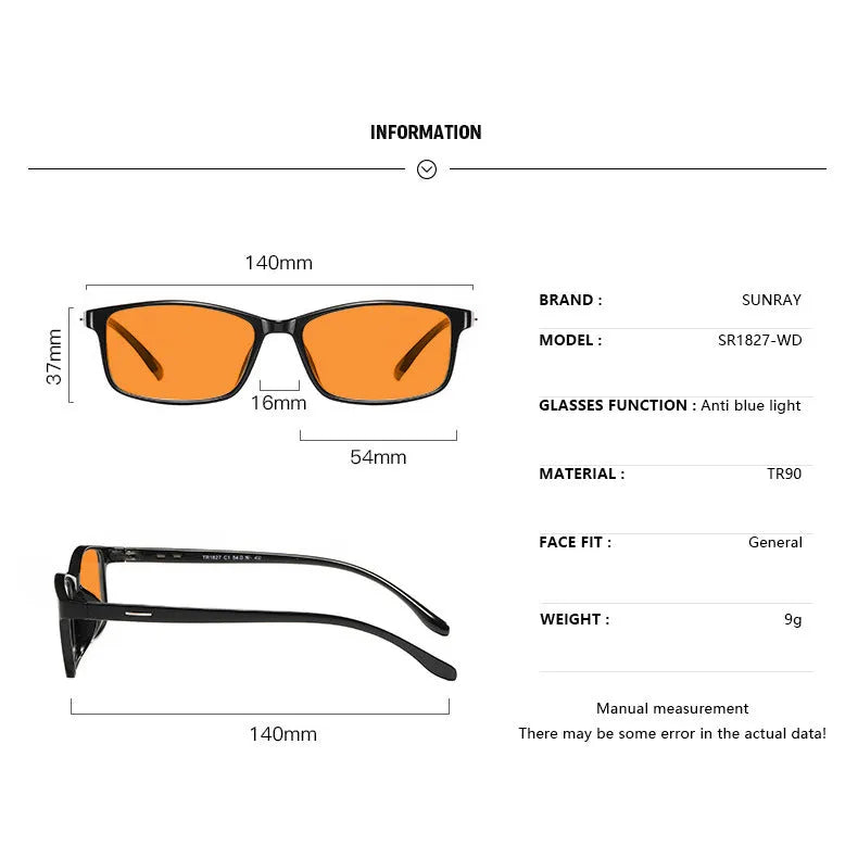 Orange anti-blue light UV protection glasses in full rim frame with four colour options