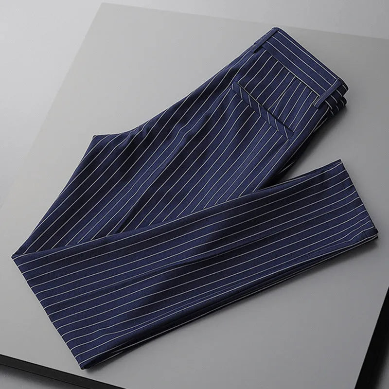 Men's loose fit striped casual suit pants in black and white, showing crop jeans and trousers style options