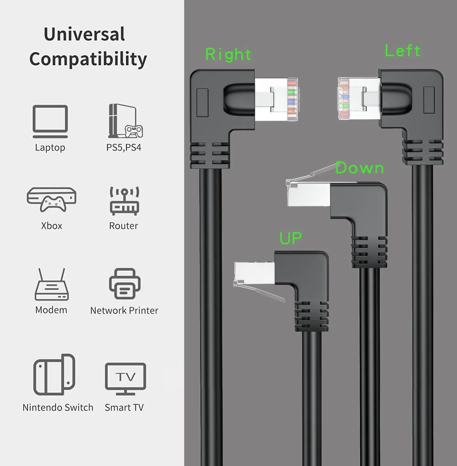 Black Cat6 Ethernet cable with right-angle metal RJ45 connector showing different orientation options