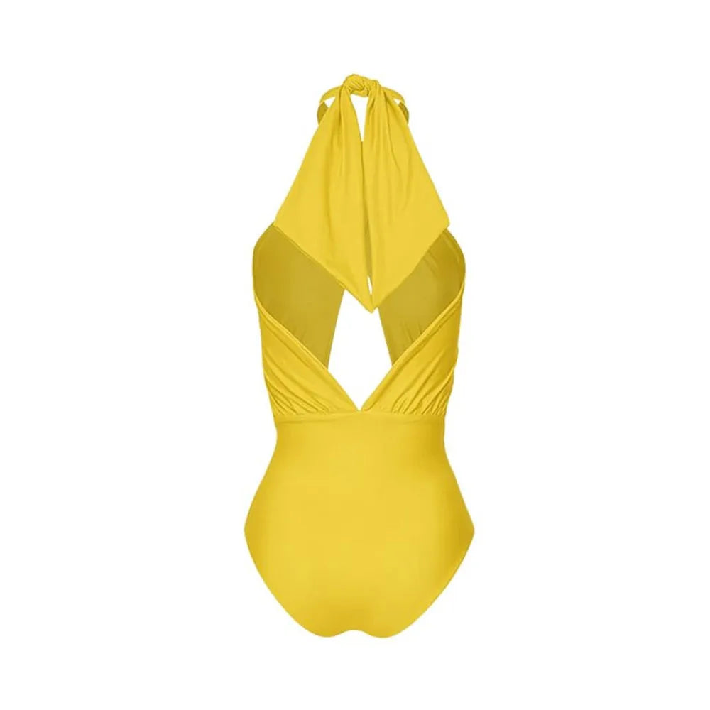 Women's halter neck one-piece swimsuit with matching wrap skirt in solid colour