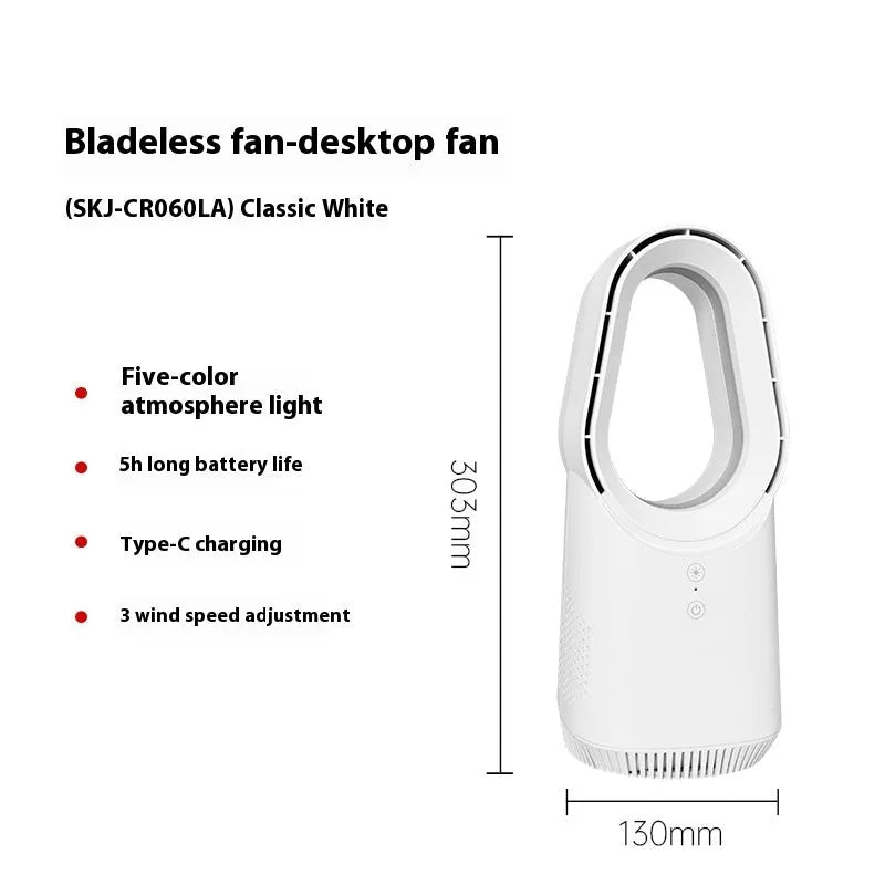 White bladeless tower fan with touch controls and remote on wooden desk