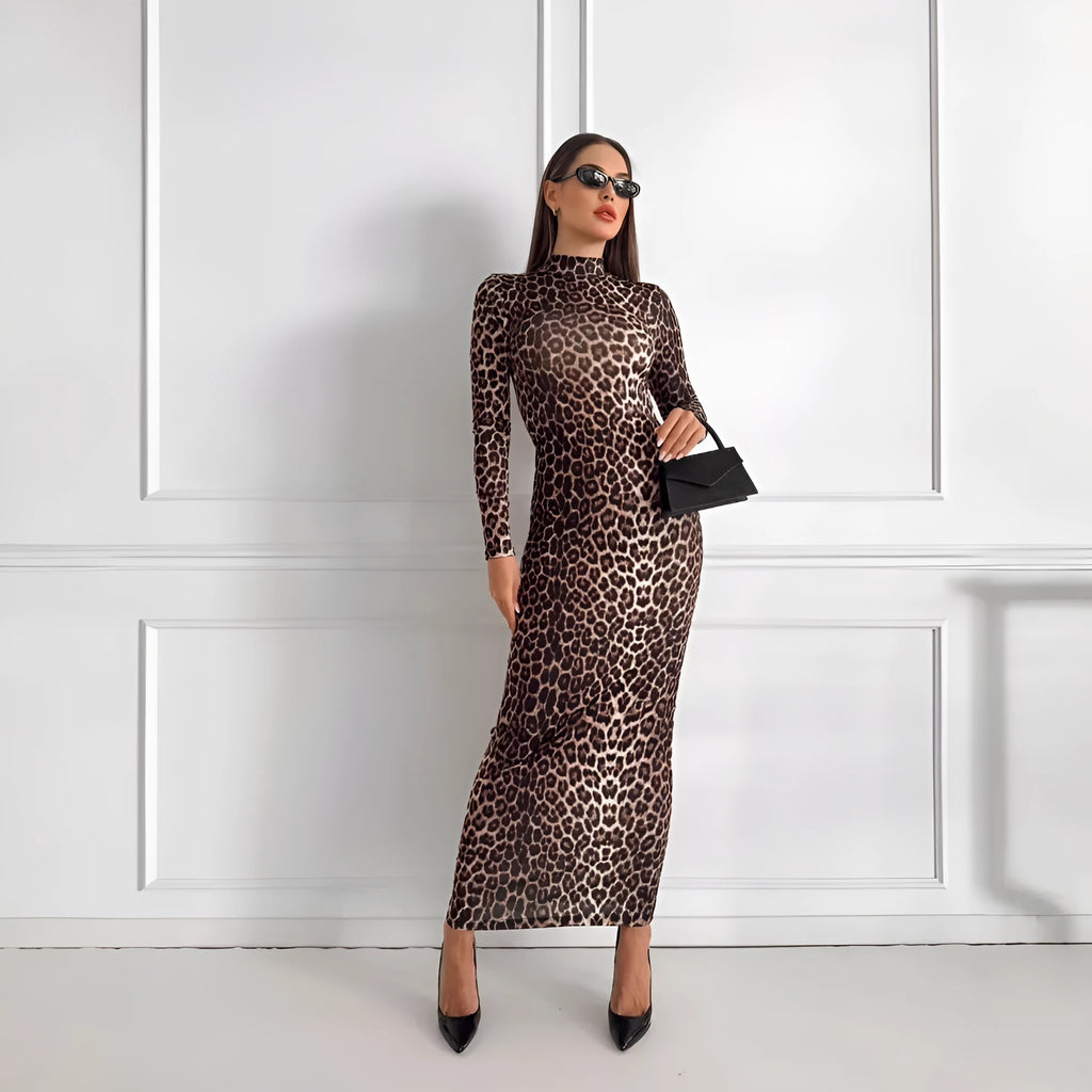 Leopard print long sleeve dress with stand collar and high waist hip skirt design