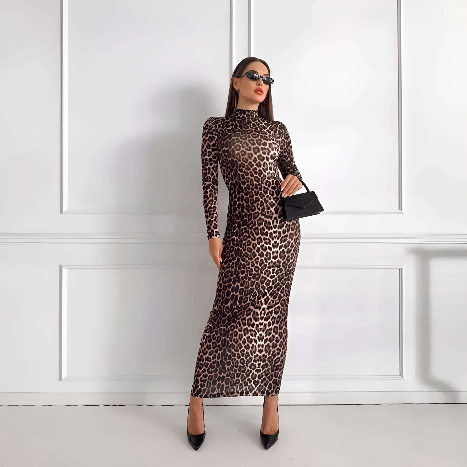 Leopard print long sleeve dress with stand collar and high waist hip skirt design