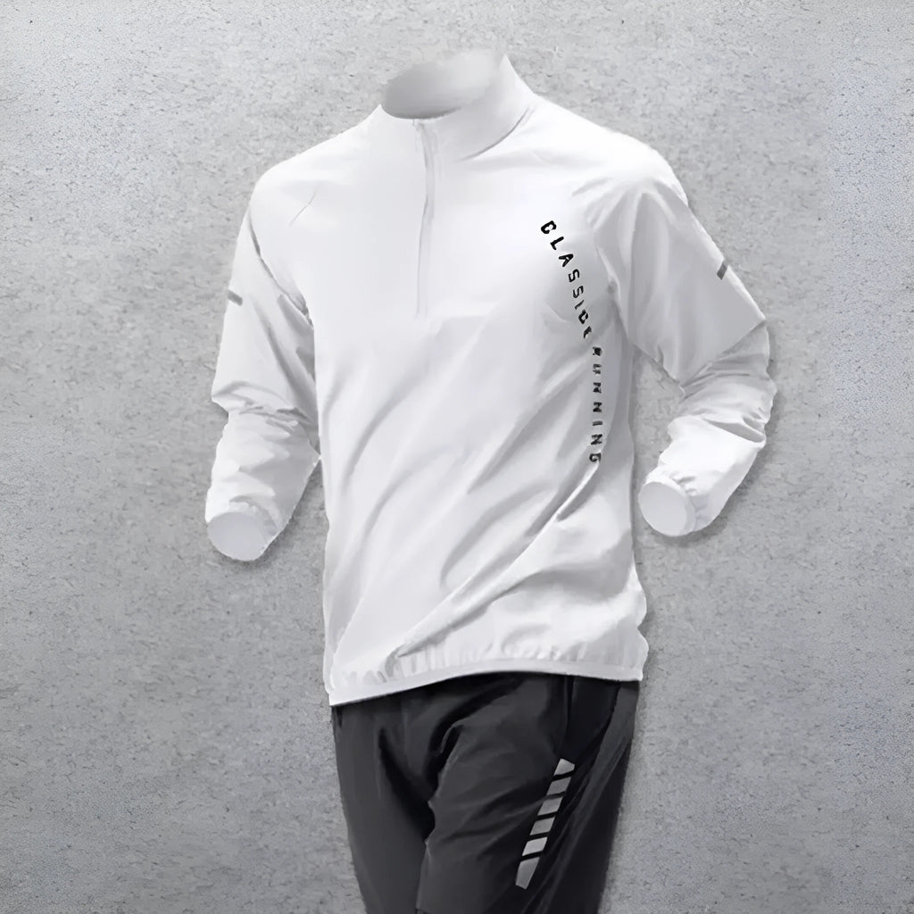 Men's black polyester fitness set with long-sleeved top, shorts, and trousers on model for summer training