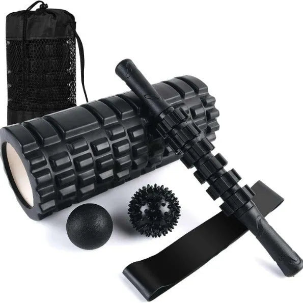 Black six-piece 33cm foam roller with segmented shaft and protective carrying case