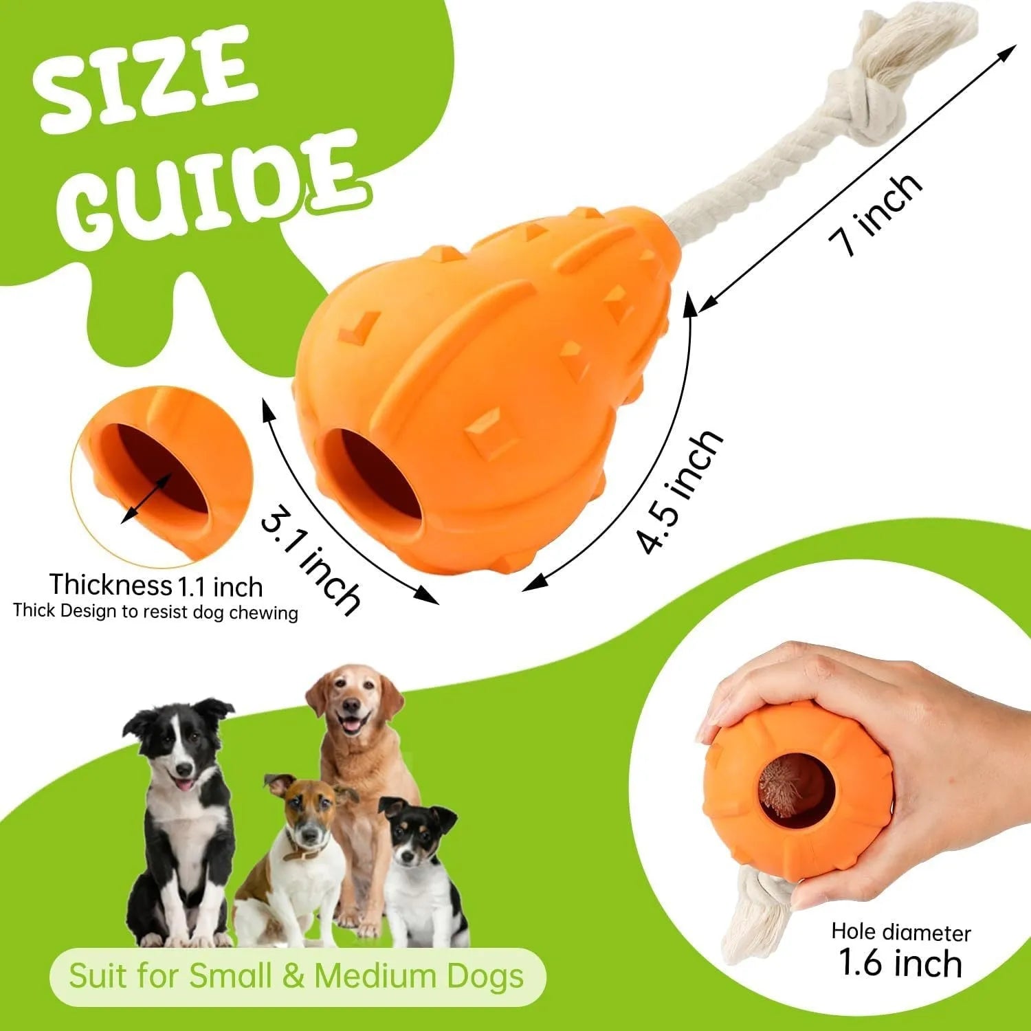 Natural rubber stuffable dog toy with a long strap for fetching, shown next to a measure showing 30cm length.