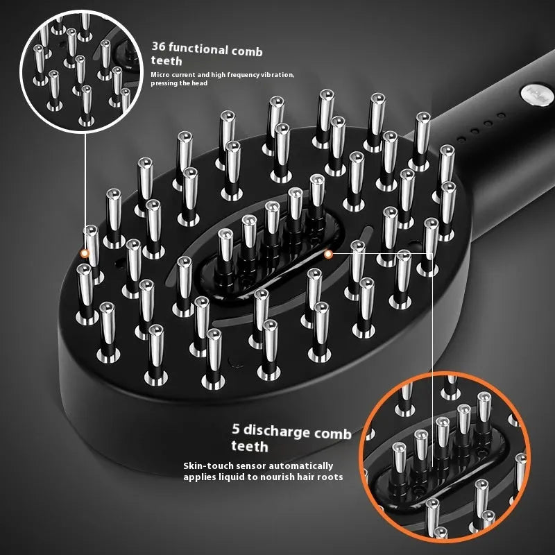 Black handheld scalp massager device with vibration settings for hair care therapy