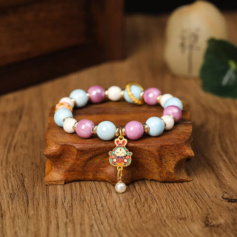 Grey porcelain glazed ceramic lucky rabbit charm bracelet with adjustable band
