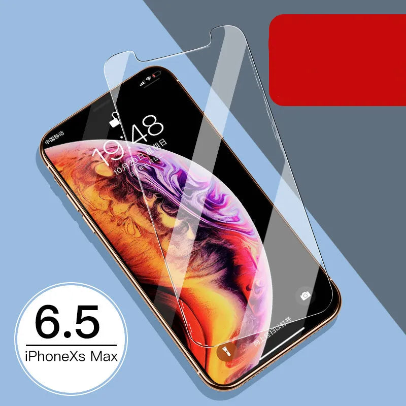 iPhone tempered glass screen protector set showing front and rear films for 11, X, and XR models.