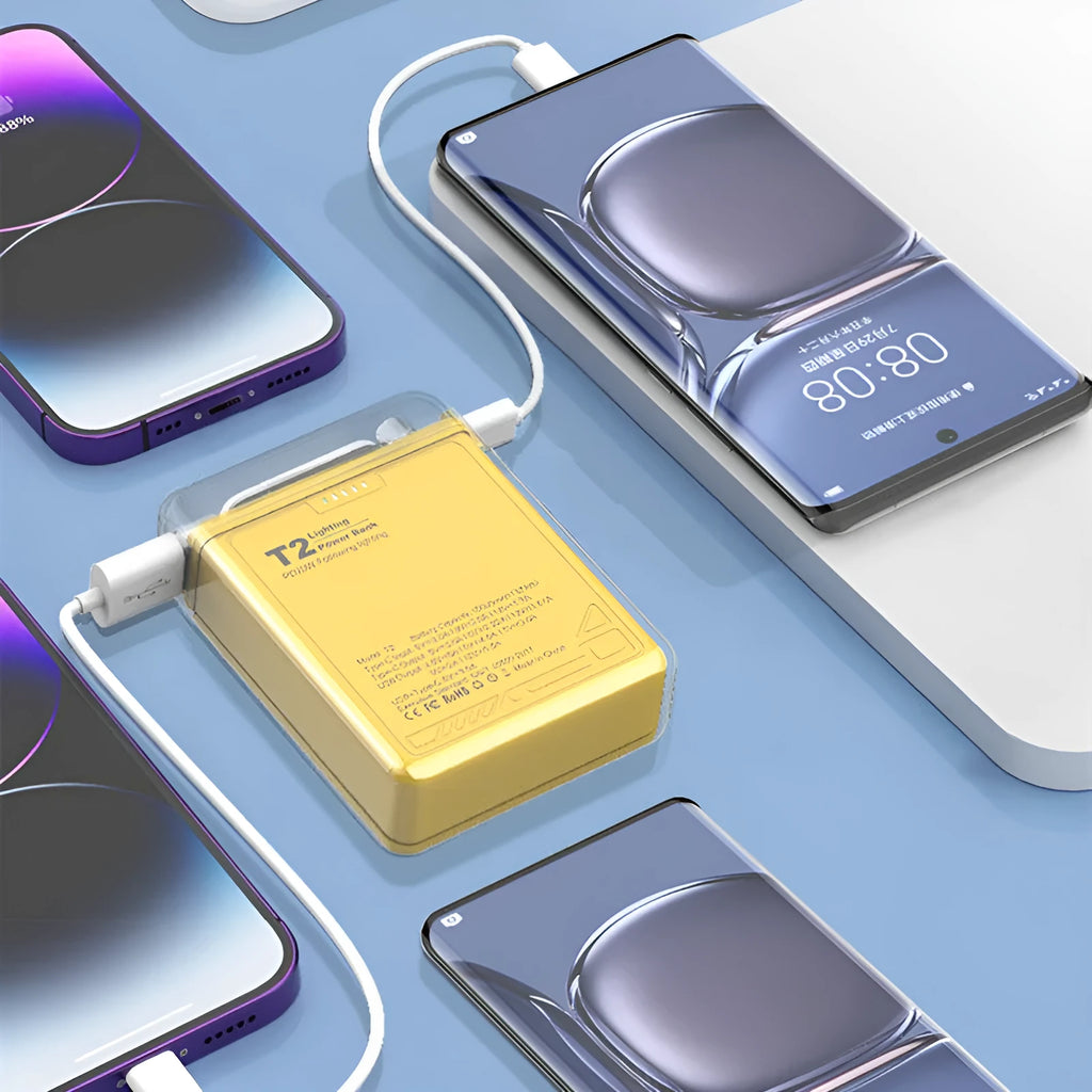 PD fast charging power bank with LED light, ABS PC shell, 90 × 62.5 × 24.5mm, cream rice night or lemon yellow