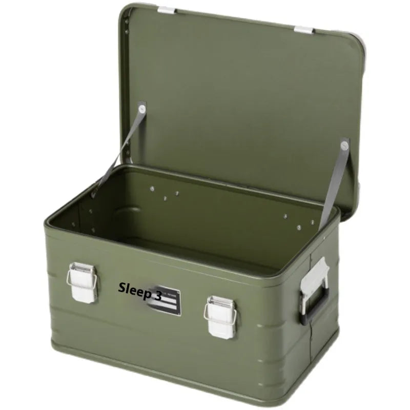 Field green aluminium expandable storage box for camping equipment measuring 58×38×28cm