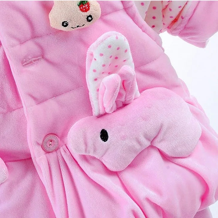 Baby girl pink autumn winter three-piece clothing set with jacket, vest, and pants in flannel cotton fabric