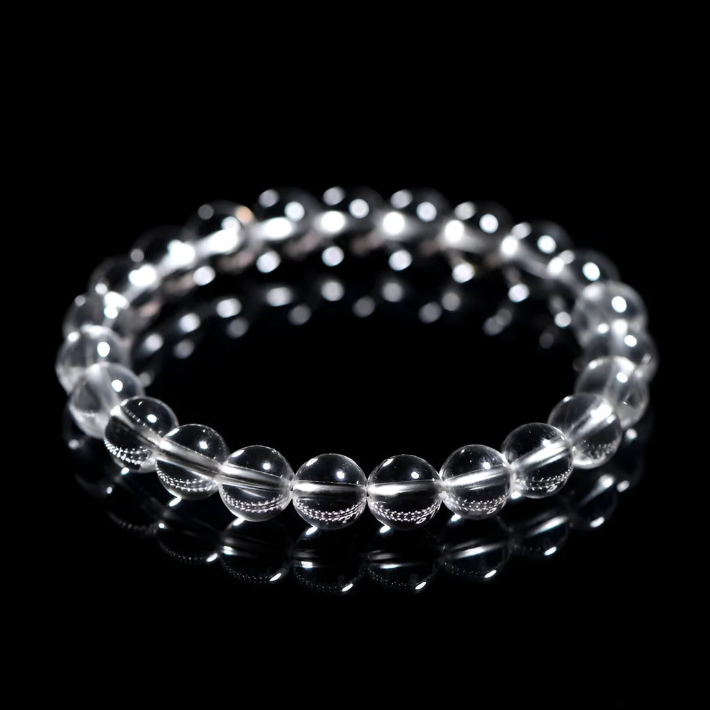 Natural old mine white crystal round bead bracelet from Donghai materials on a wrist, showing geometric design.