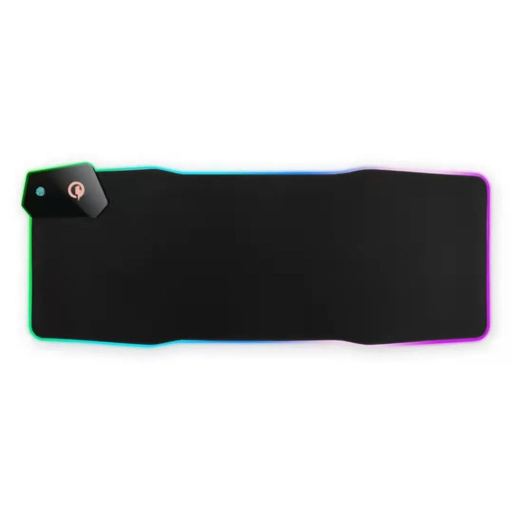 Large black gaming mouse pad with luminous edge lighting on a desk.