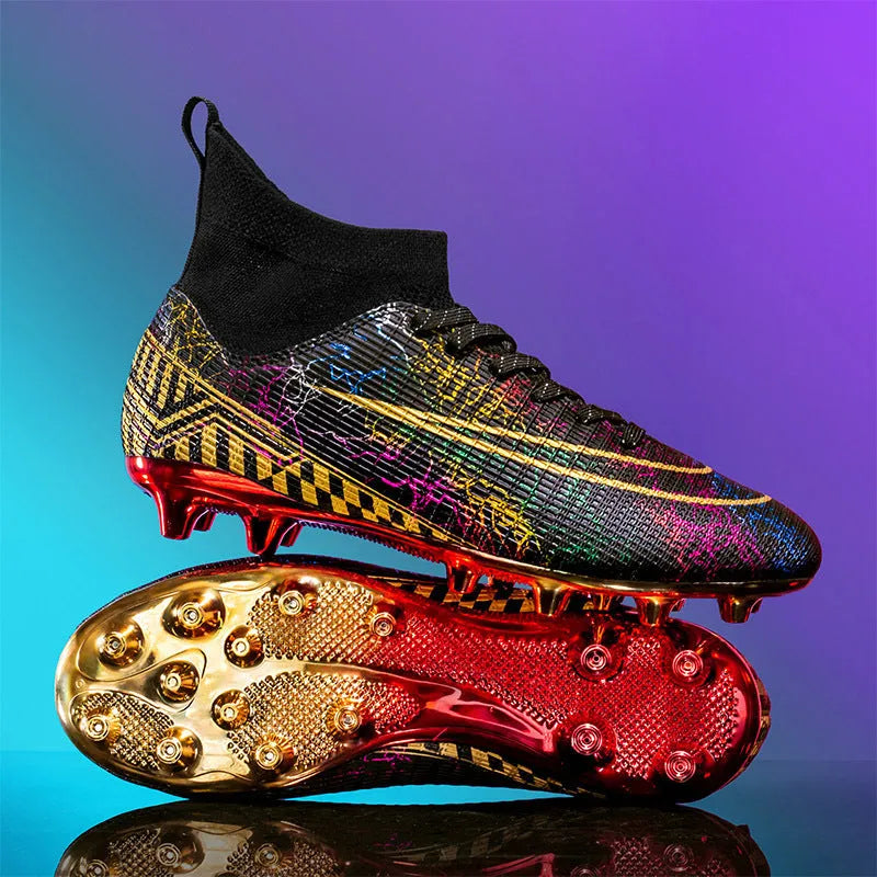 Men's high-top synthetic leather soccer shoes with a gold-plated sole, shown in mandarin duck colour with lace-up front.