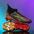 Men's high-top synthetic leather soccer shoes with a gold-plated sole, shown in mandarin duck colour with lace-up front.