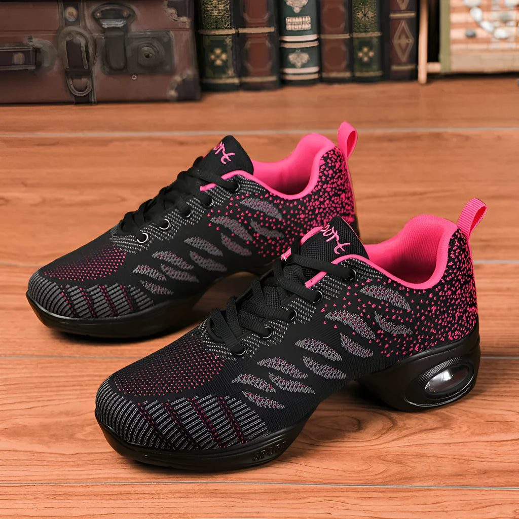 Spring summer mesh mid-heel dance shoes for women in black with round toe and soft sole