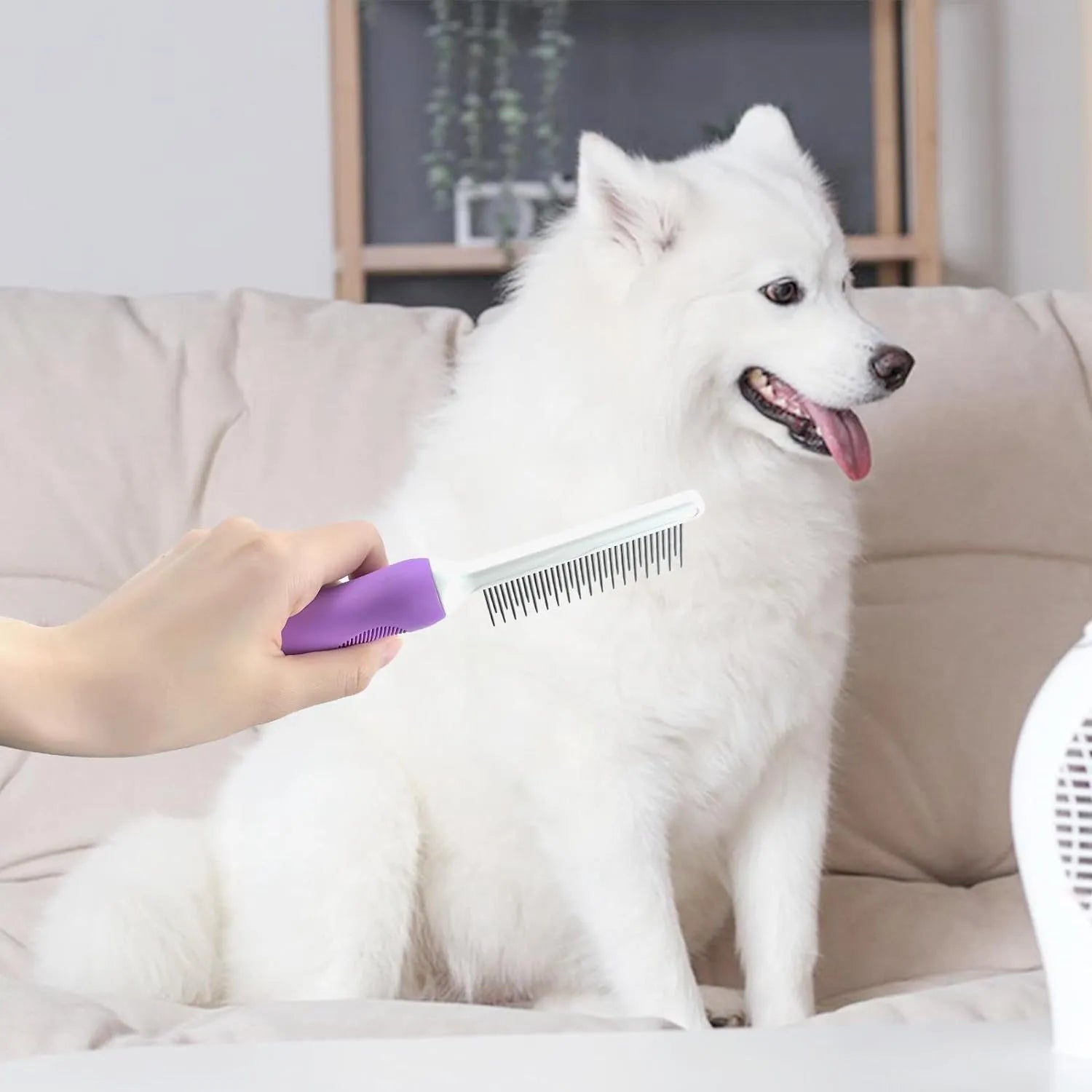 Purple pet detangling comb with stainless steel teeth for cat and dog grooming