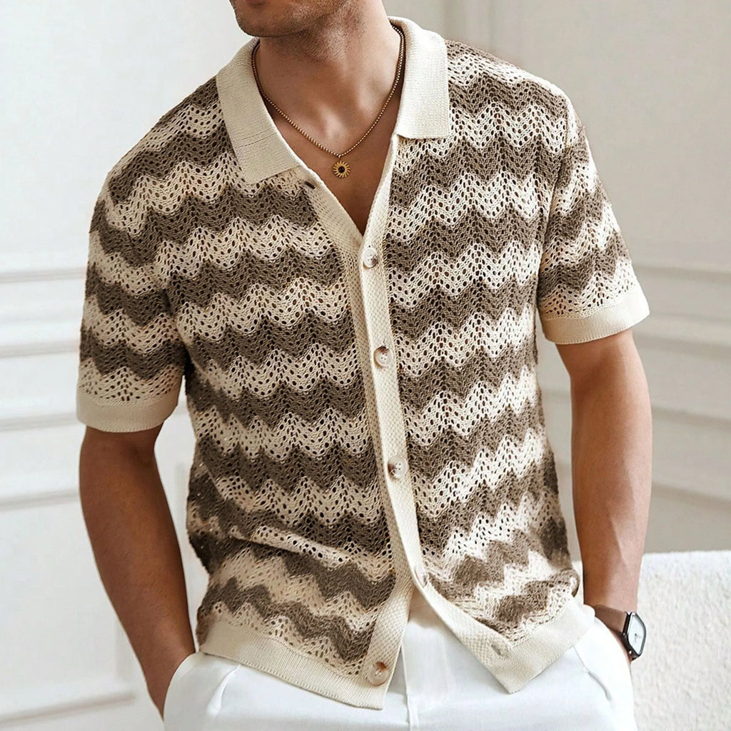 Yellow short sleeve sweater with a textured hollow jacquard corrugated pattern and flocking detail.