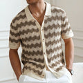 Yellow short sleeve sweater with a textured hollow jacquard corrugated pattern and flocking detail.