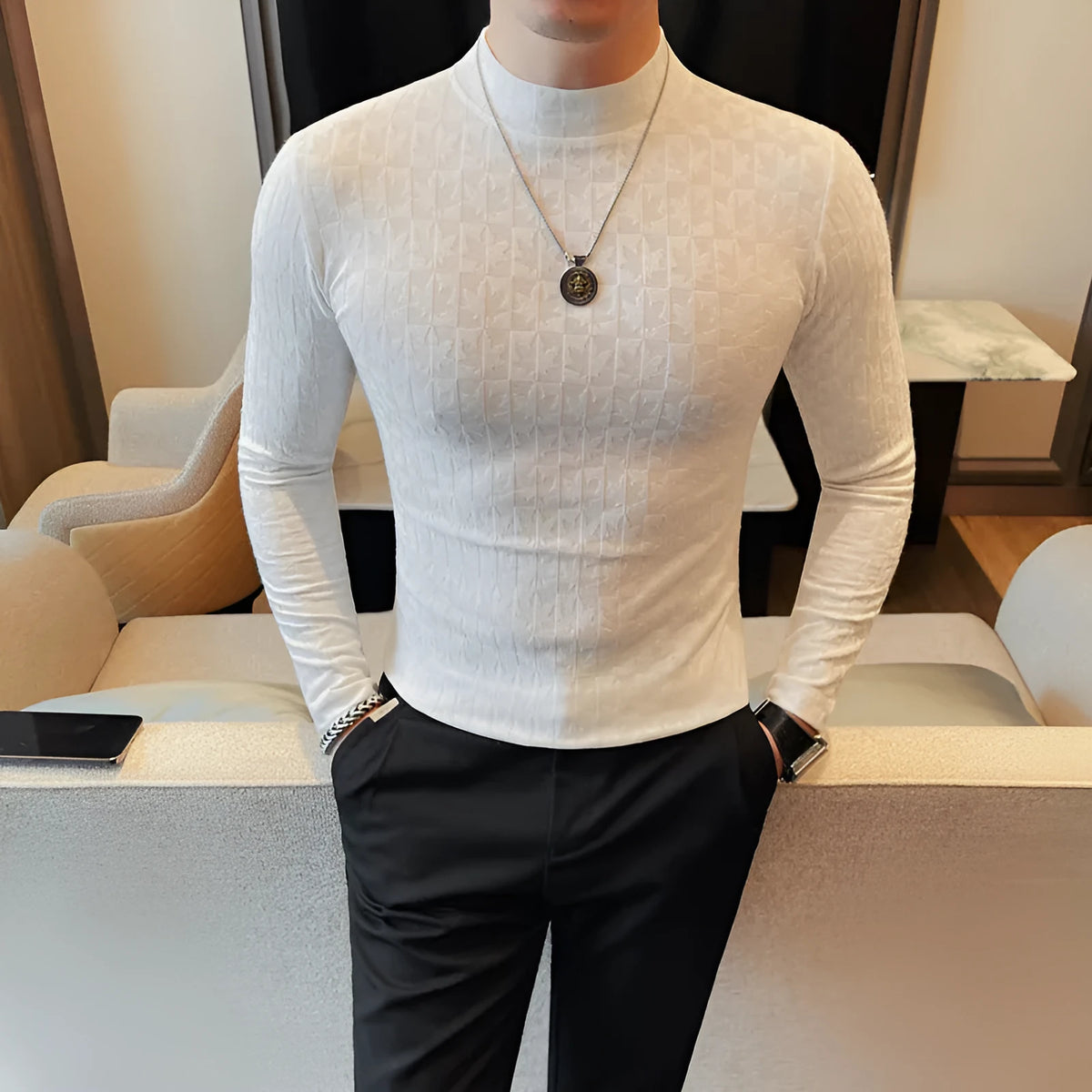 Men's half-high collar slim fit pullover T-shirt in black, white, brown, and gray colour options