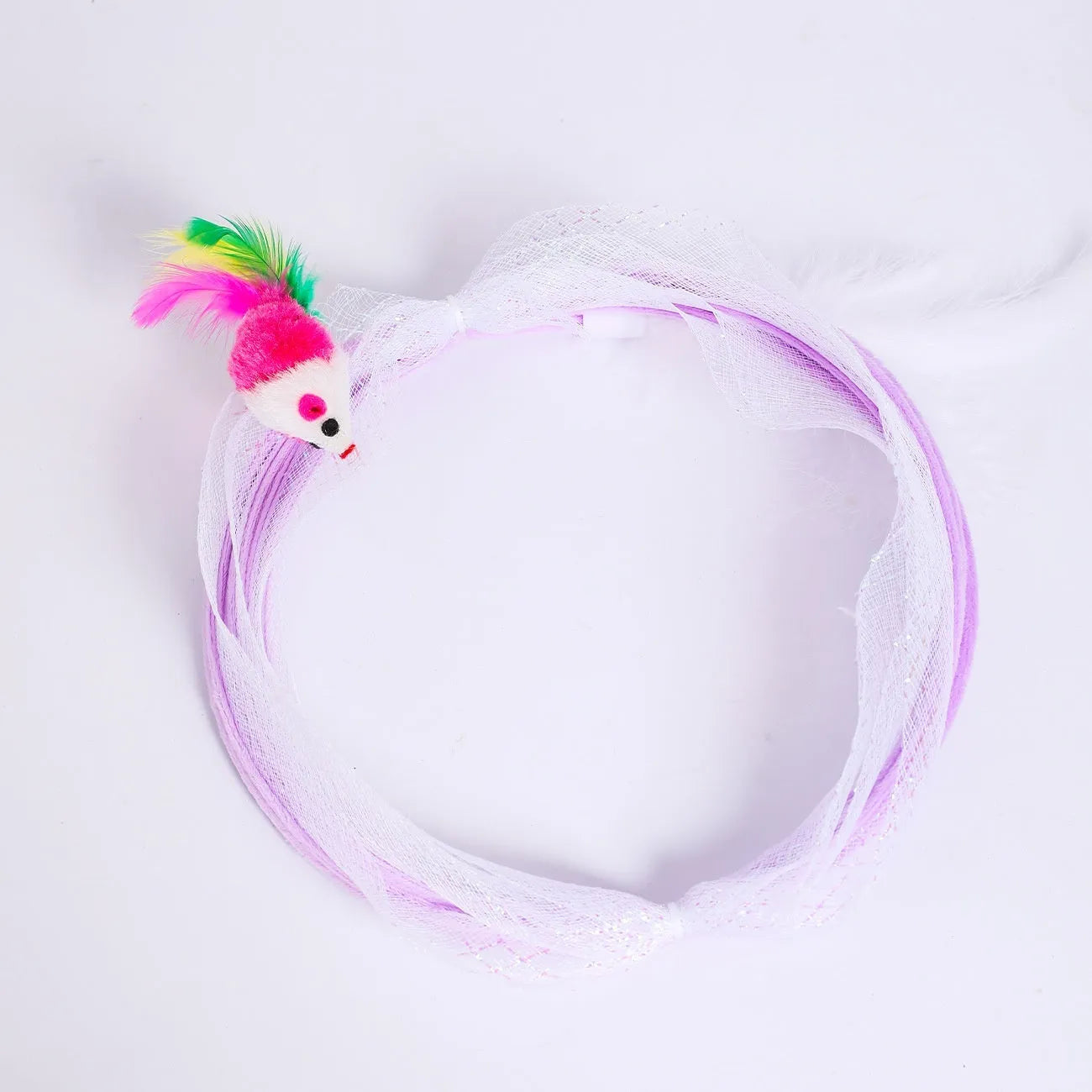 S-type cat tunnel toy with steel wire frame, elastic net mesh walls and feather attachments