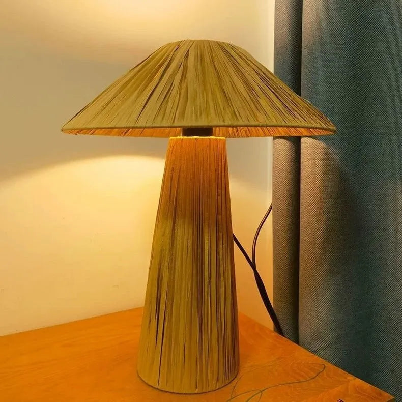 Japanese-style hand-woven bamboo hat table lamp with 38cm rope shade on wooden surface