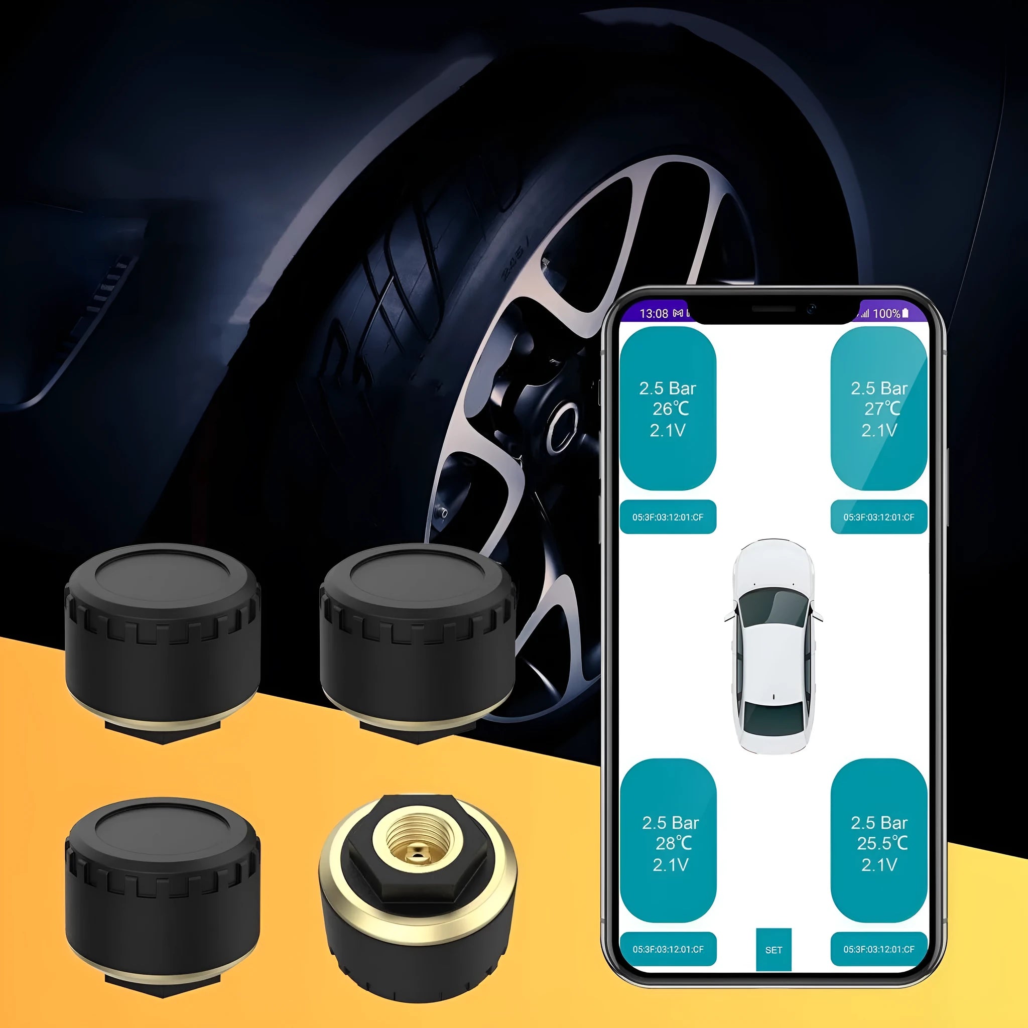 Four black Bluetooth tyre pressure sensors for car with mobile phone display showing pressure readings