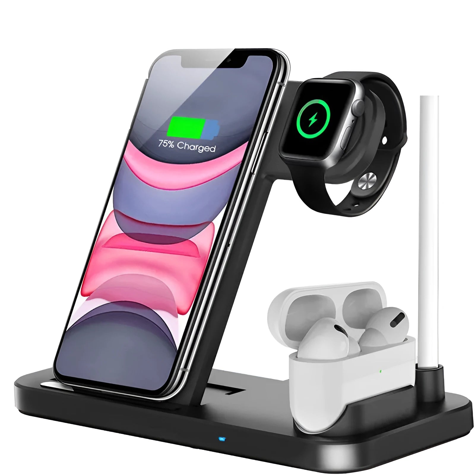 Folding 4-in-1 wireless charger showing MagSafe spot, Apple Pencil slot, and charging pad in Space Grey colour.