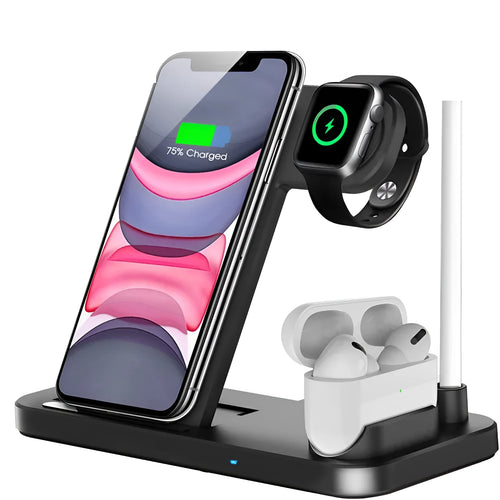 Folding 4-in-1 wireless charger showing MagSafe spot, Apple Pencil slot, and charging pad in Space Grey colour.