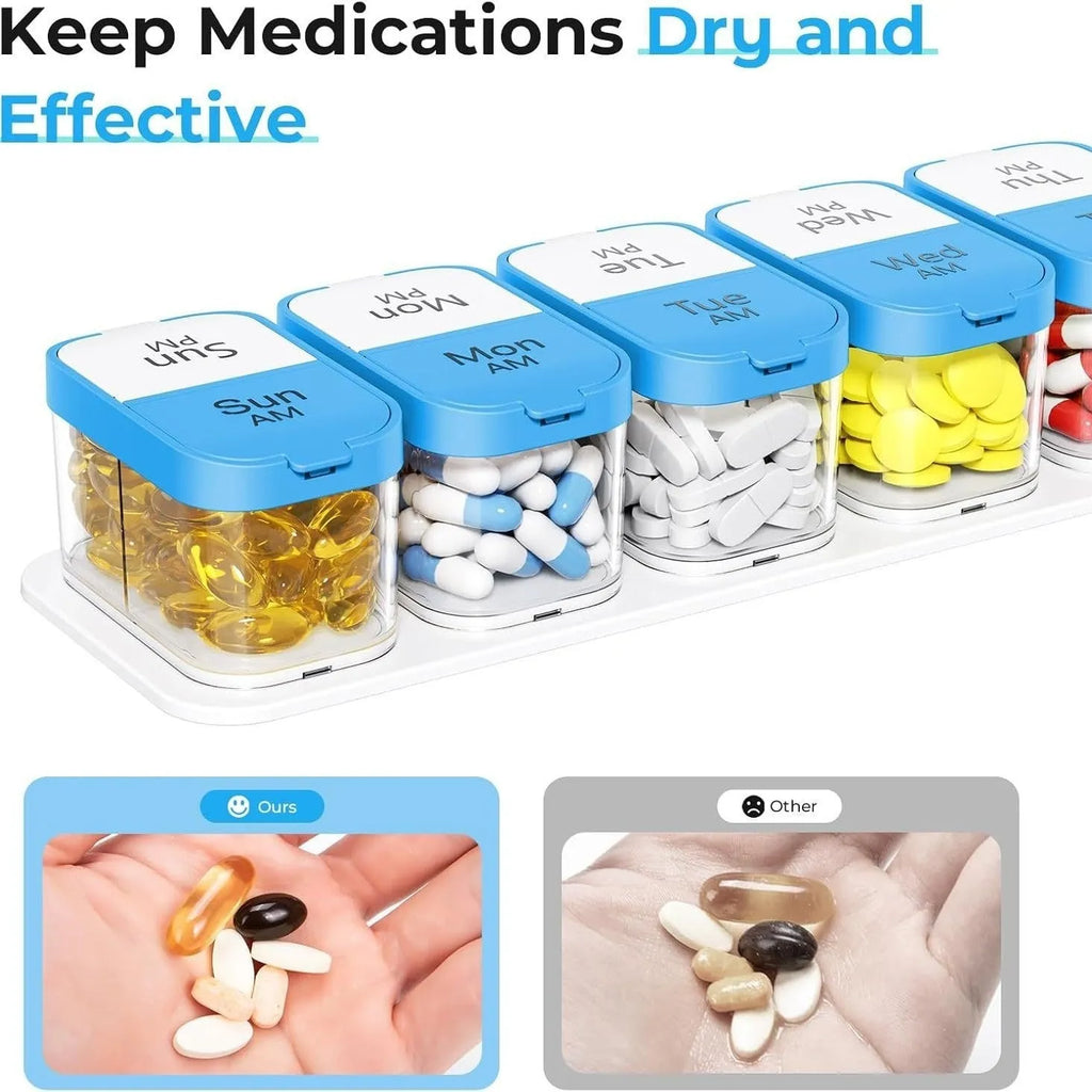 Large white plastic pill organiser with 14 removable compartments lined up next to the main case.