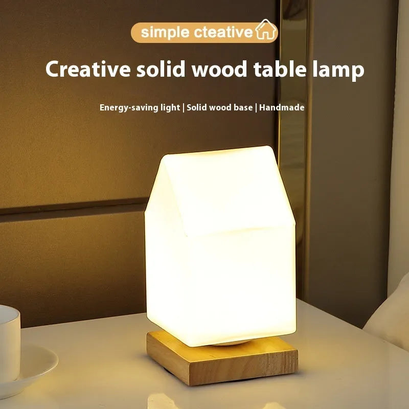Nordic solid wood USB table lamp in cube shape with touch dimming for bedroom use