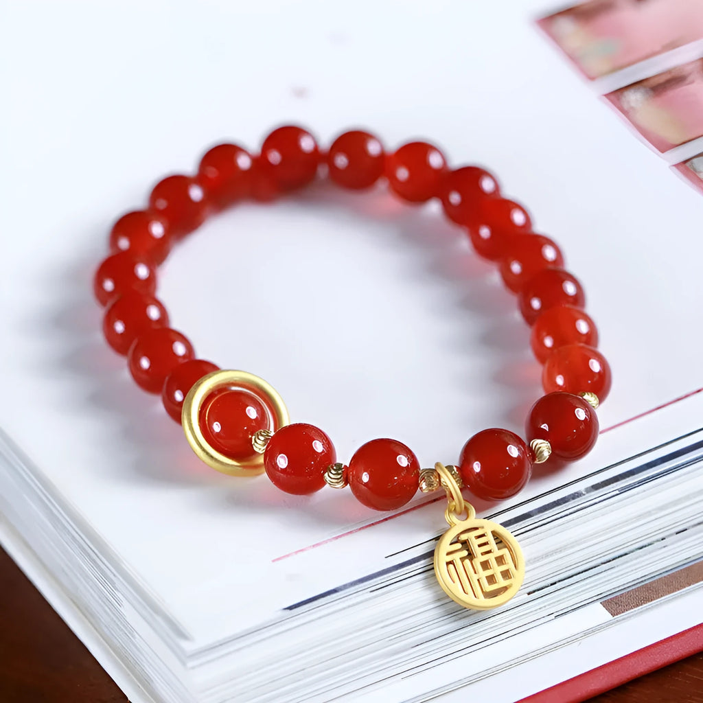 Natural red agate stone beaded bracelet with blessing card, available in 8mm or 10mm bead size.