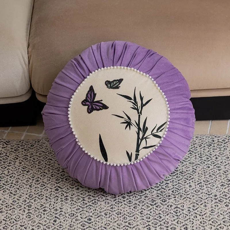 Square beige cushion with detailed Chinese-style butterfly embroidery, 45x45cm.